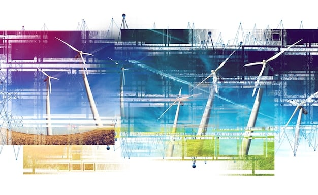 A graph showing increasing investments in sustainable companies. The graph's background includes wind turbines and solar panels.