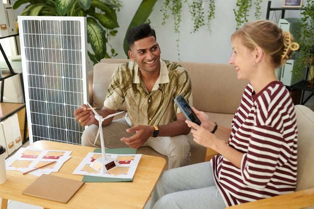 A family discussing energy efficiency options with an energy consultant in their home.