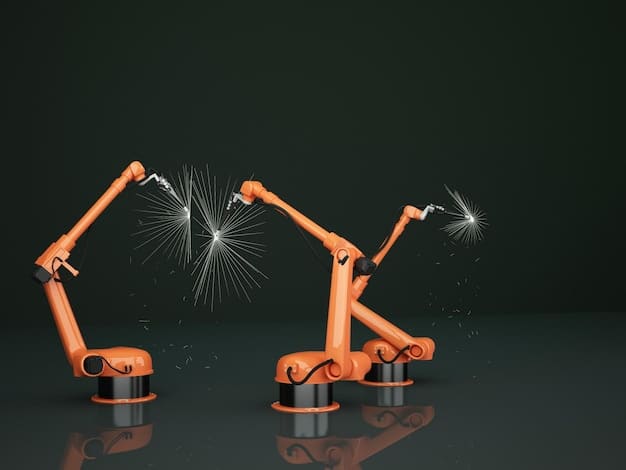A conceptual image of a robotic arm welding parts in a factory. In the background, human engineers are shown monitoring the process on computers. This represents the synergy between automation and human expertise in the manufacturing industry.