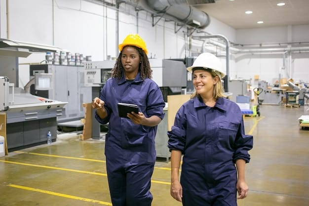 A diverse group of workers in a modern factory setting, all wearing safety gear and working collaboratively, symbolizing ethical supply chain practices.