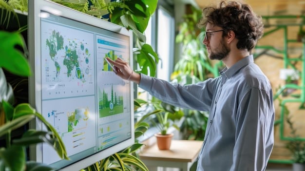 A digital dashboard displaying supply chain data with indicators for ethical sourcing and sustainability metrics, in a modern office environment.