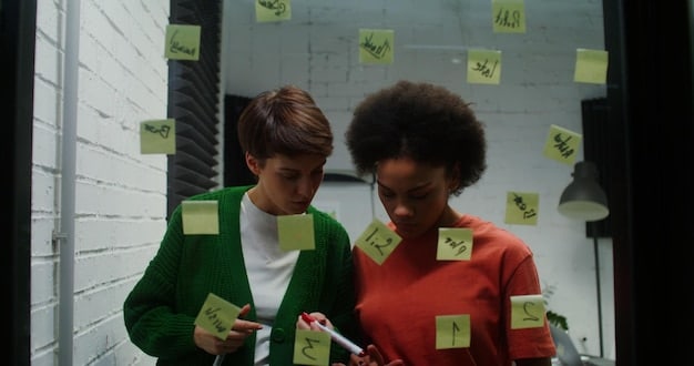 A diverse team of tech professionals brainstorming in a modern office space. Sticky notes with keywords associated with AI ethics, compliance, and innovation are visible on a whiteboard. The image emphasizes collaboration and strategic planning to navigate the new regulatory landscape.