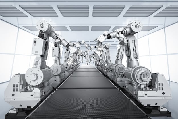 A futuristic factory floor with robots and automated machines connected via 5G technology, illustrating the concept of Industry 4.0.