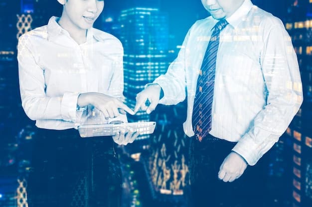 A futuristic depiction of smart contracts executed on a blockchain interface with a business deal being finalized. Multiple data points and analytics are shown alongside, emphasizing automation and trust and speed.