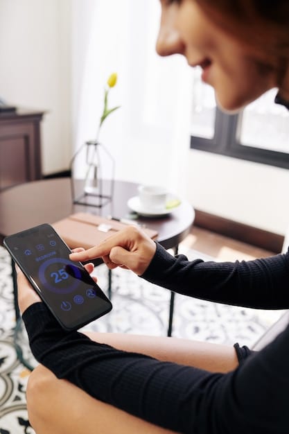 A close-up of a smart thermostat adjusting the temperature automatically based on occupancy and weather conditions, highlighting energy-saving features. The interface shows real-time energy consumption data and personalized recommendations.
