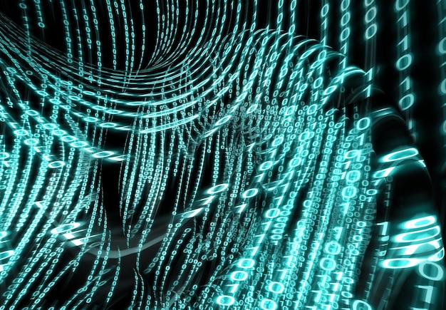 A digital illustration of a network firewall with binary code flowing through it, representing advanced cybersecurity protection.