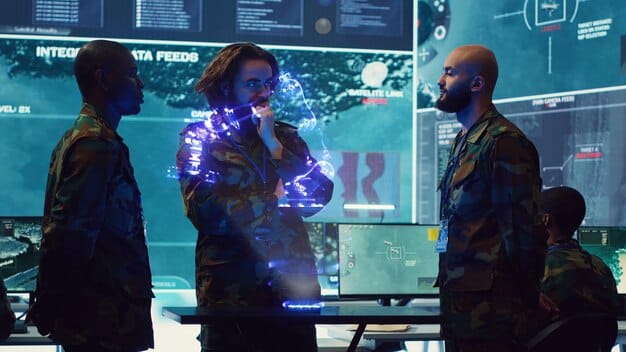A group of diverse cybersecurity professionals collaborating around a holographic display showing threat analysis data.