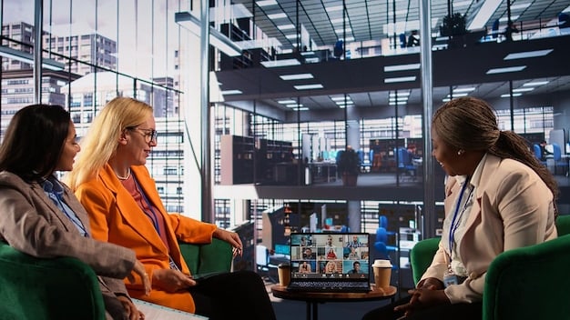 Several business people are shown collaborating in a virtual office space via their avatars, with digital charts and data dashboards suspended around them. Use realistic avatar designs and a professional, modern environment.