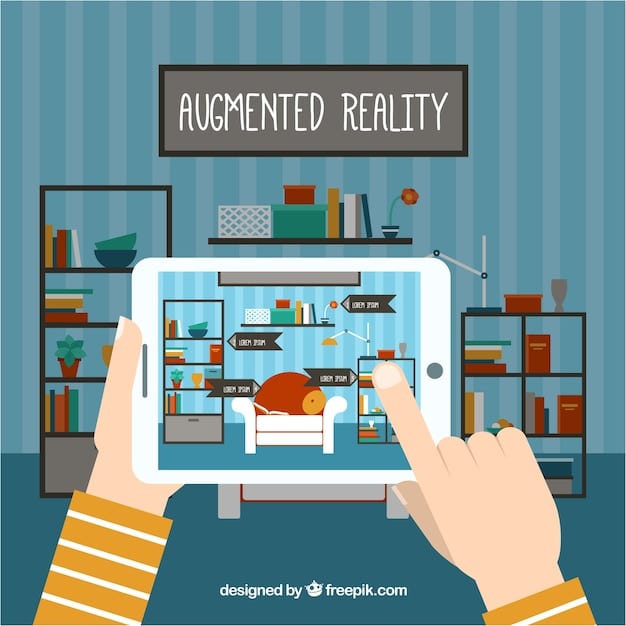 A person using a tablet to view an augmented reality overlay of furniture in their living room, demonstrating how the furniture would look in their home before making a purchase.