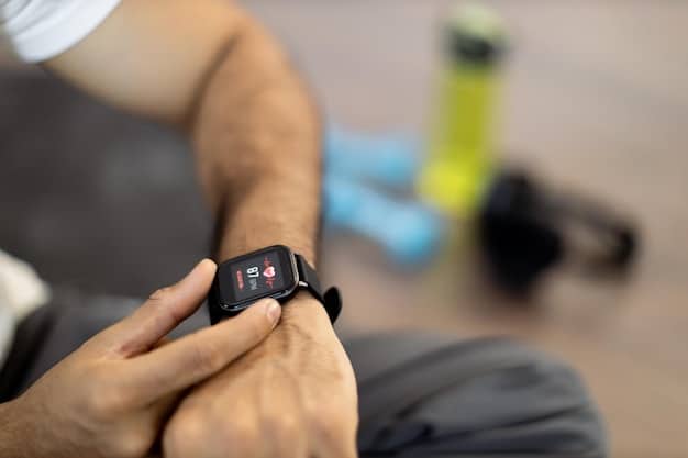 A close-up shot of a person wearing a smartwatch that displays real-time heart rate and sleep tracking data, indicating the focus on health monitoring. The background includes gym equipment.