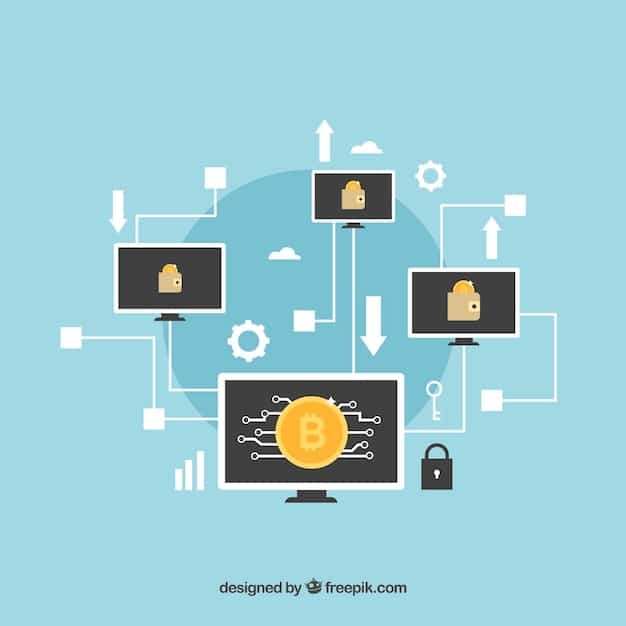 A graphic representation of a secure data network, with interlocking nodes and various security protocols displayed as icons, highlighting data encryption, surveillance, and access control.