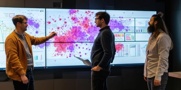 A team of data scientists collaborating in front of a large screen displaying complex data models and algorithms. The image highlights the expertise and teamwork required for successful predictive analytics implementation.