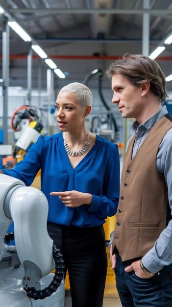 A collaborative robot (cobot) working alongside a human worker in a German factory. The cobot is carefully assembling small electronic components, while the human provides guidance and oversees the process.