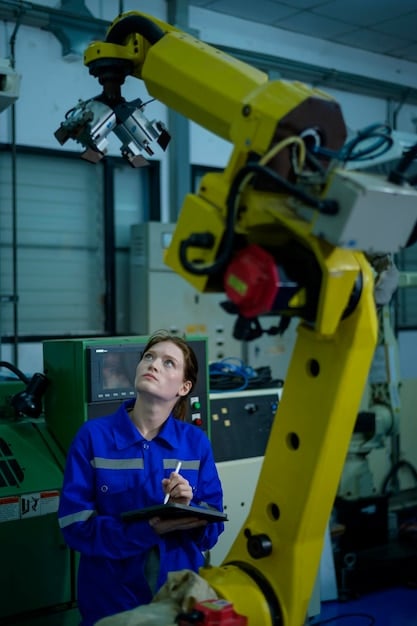 High-resolution image of advanced sensors on a robotic arm in a German automotive factory. The sensors are meticulously inspecting a car part, with digital readouts showing the precision measurements.