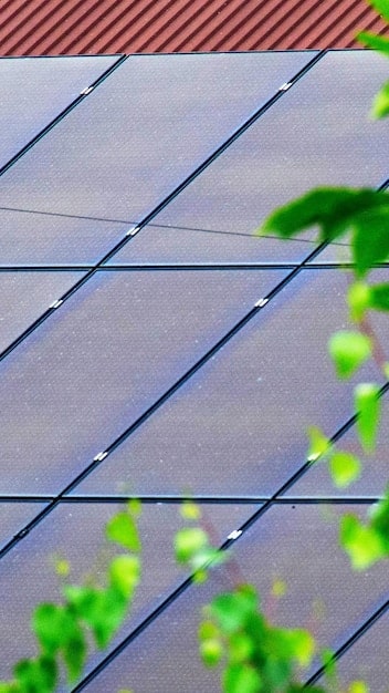 A close-up of solar panels on the roof of a modern house, with plants and green spaces surrounding the building.