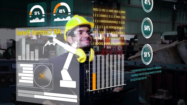 A close-up shot shows a dashboard displaying real-time data from a manufacturing plant in Germany. The data includes production rates, error rates, and energy consumption. The interface is modern and intuitive, with clear visualizations and key performance indicators.