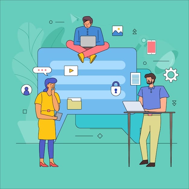 A graphic illustration showing a diverse group of people looking at screens displaying security messages and graphs, symbolizing awareness and education about cybersecurity. The setting is bright and futuristic, suggesting a collaborative effort in digital security education.