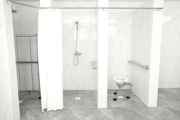 A modern bathroom renovation with grab bars near the toilet and shower, a walk-in shower with a seat, and non-slip flooring, showcasing accessibility and safety features.