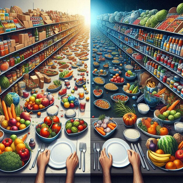 A split image comparing pre-inflation and current prices of common food items in a supermarket. Clearly show the price differences and the impact on consumers.