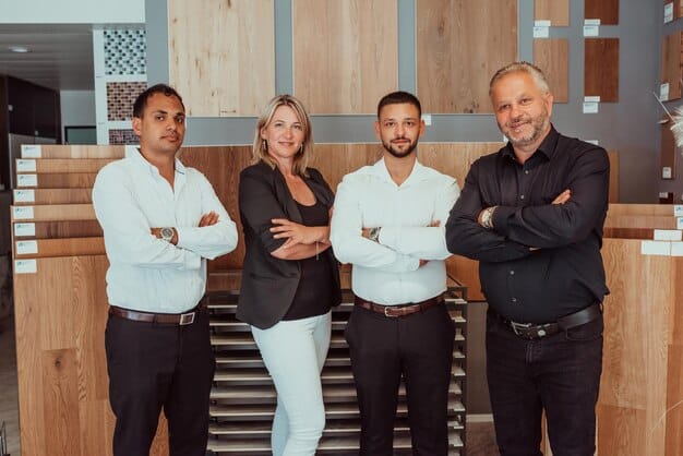 A diverse group of German workers, both white-collar and blue-collar, standing together in a modern, environmentally conscious workplace, representing the collective effort needed to adapt to the changing minimum wage landscape.