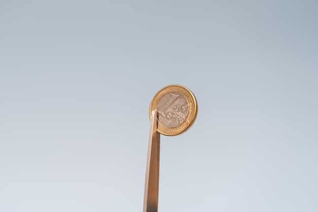 A close-up shot of a euro coin with an upward arrow superimposed on it, symbolizing rising interest rates. The background should be blurred to focus attention on the coin and the arrow.
