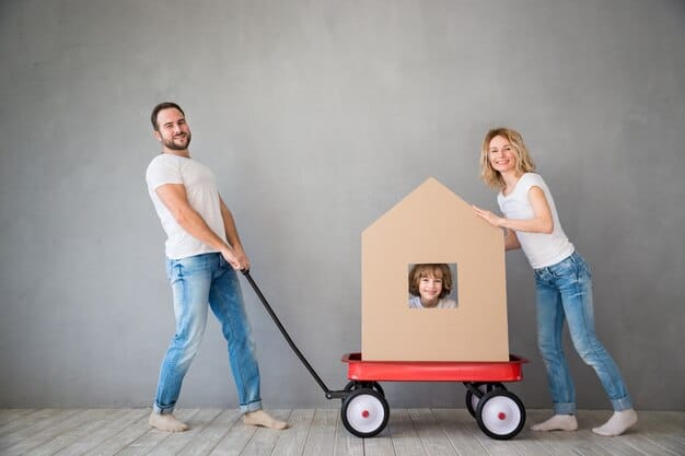 A split image showing a family happily moving into a new house on one side and a family looking stressed while reviewing bills on the other side, representing the contrasting impacts of rising interest rates on homeowners.