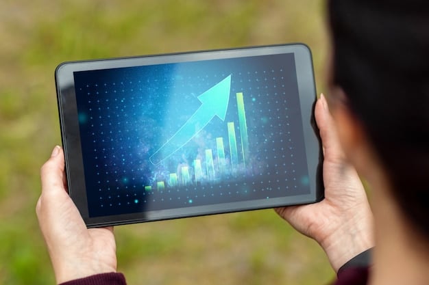 Close up image of a hand using a touch screen device displaying a business graph with upward trends, symbolizing growth and digital progress.
