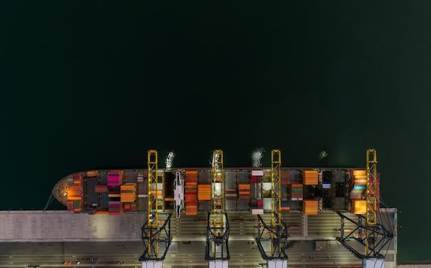 A close-up shot of a container ship delayed in port, symbolizing bottlenecks and delays in the supply chain.