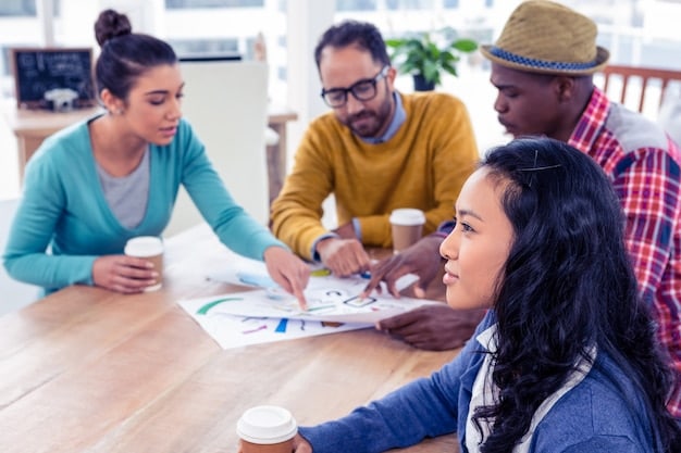 A diverse team of marketing professionals collaborating around a table, brainstorming ideas for an online marketing campaign, showcasing teamwork and strategic planning.