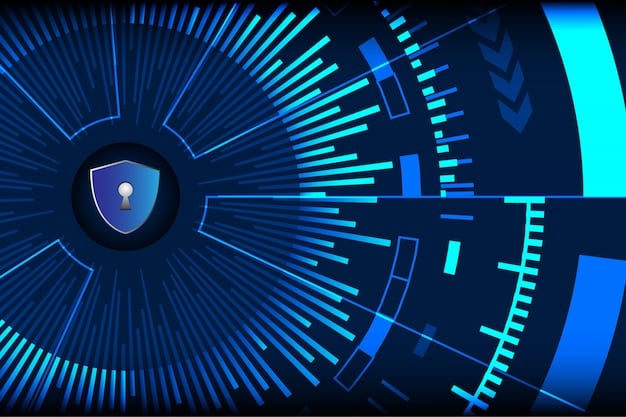A graphic illustrating layers of cybersecurity protection, resembling a shield with multiple concentric rings. Each ring represents a different security measure like firewalls, antivirus software, and encryption, set against a blue digital grid background.
