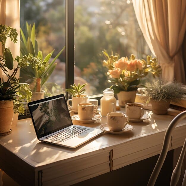 A cozy home office setup with a person working on a laptop, a cup of coffee, and a plant on the desk. Natural light is filtering through the window, creating a comfortable and productive atmosphere.