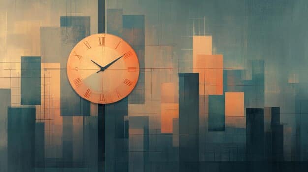 A modern, minimalist graphic illustrating a clock face with arrows pointing in different directions, representing flexible working hours with office buildings in the background.