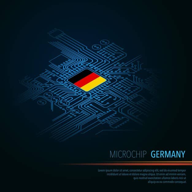 A German flag integrated into a quantum computing circuit board design, symbolizing Germany's commitment and advancements in this field.