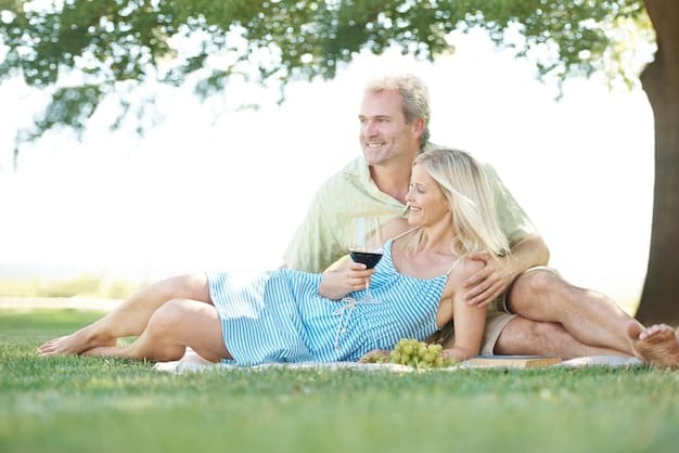 A photo of a senior German couple, smiling and relaxed, sitting in their garden. They are surrounded by lush greenery, symbolizing a comfortable and secure retirement. The background suggests a typical German suburban neighborhood.