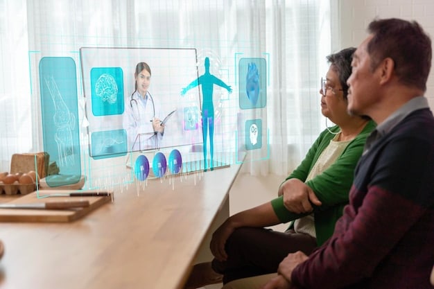 A doctor conducting a remote consultation with a patient using a holographic display and enhanced 5G connectivity, showcasing the potential of telemedicine in rural or underserved areas.