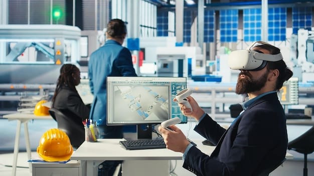 A collaborative workspace with engineers designing a smart city infrastructure using holographic displays and 5G network simulations. The room is filled with interactive screens showcasing data analytics and network optimization strategies.