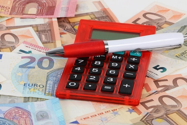 A close-up shot of a German calculator displaying financial calculations, with euro coins and tax documents scattered around it on a wooden desk, emphasizing the importance of meticulous tax preparation in Germany.