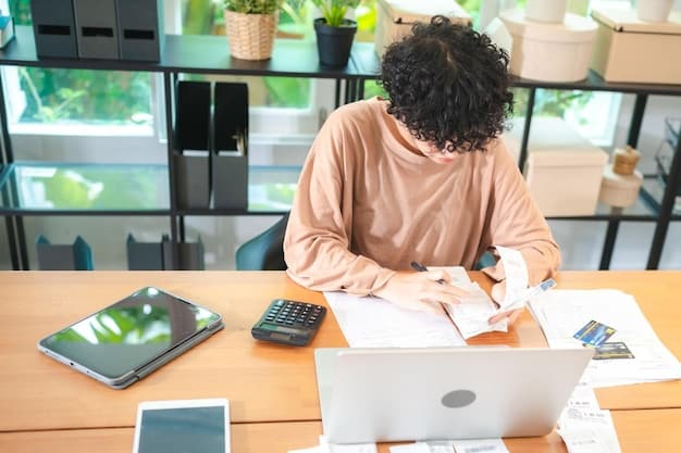 A person sitting at a home office desk, working on a laptop with tax documents and a calculator nearby, symbolizing the process of preparing the Steuererklärung.