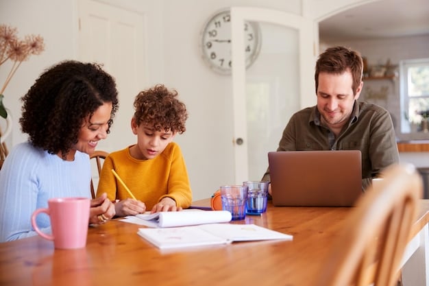 A family sitting at a table, reviewing tax documents and smiling, symbolizing the benefits of tax savings for families with children.