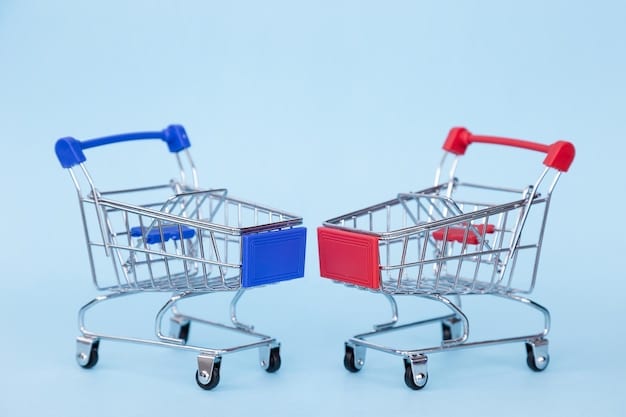 An image showing a comparison of two shopping carts. The first cart is full of groceries with high price tags, while the second cart contains fewer items but has significantly lower prices, indicating smart shopping strategies to combat inflation.