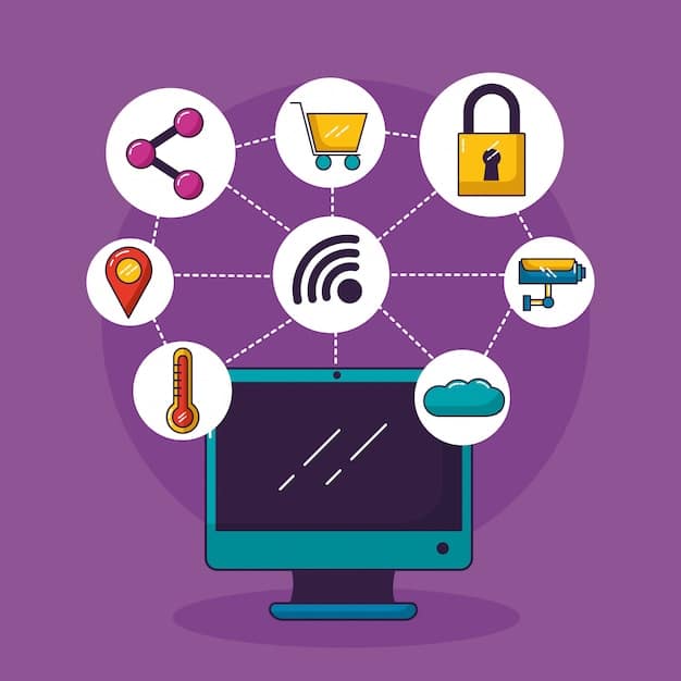 A graphic illustration of a vulnerability scanning process, showing a network of IoT devices being scanned by automated tools. Visual elements include data packets, security alerts, and a dashboard displaying vulnerability scores.