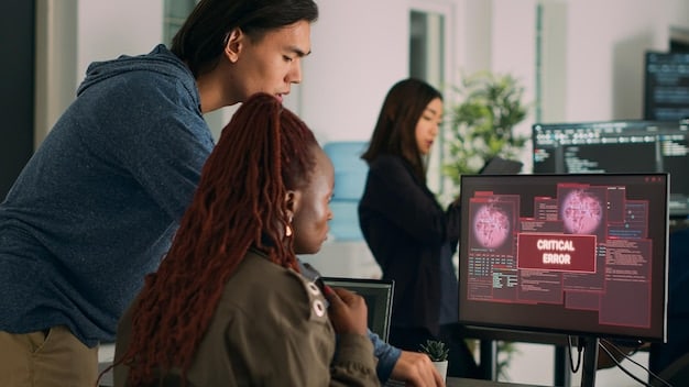 A visual representation of cybersecurity training. Employees are participating in a workshop, with screens displaying cybersecurity tips and scenarios. Focus on engagement and interaction.
