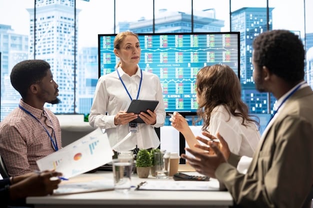 A photograph of a business meeting in a modern office, with people discussing financial charts and strategies to cope with the rising minimum wage.