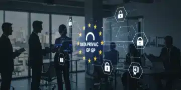 Illustration der Auswirkungen der neuen EU-Datenschutzrichtlinie 2025 auf deutsche Unternehmen mit Symbolen für Datenschutz und Compliance.