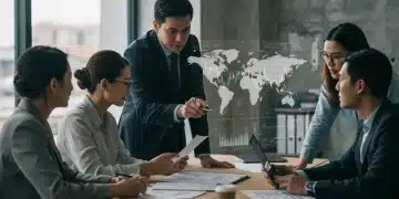 Geschäftsleute analysieren globale Handelsstrategien für 2025